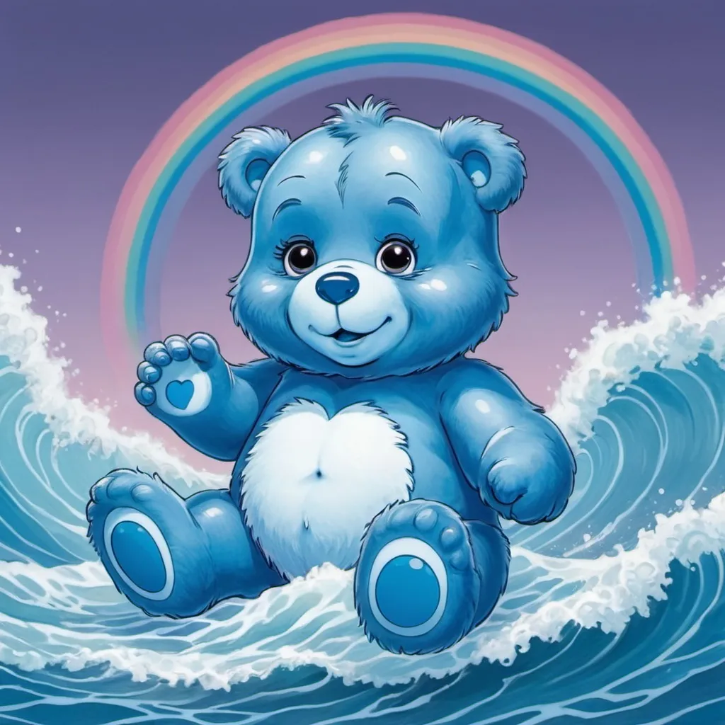 Prompt: A transgender blue care bear on zolpidem dreaming in waves