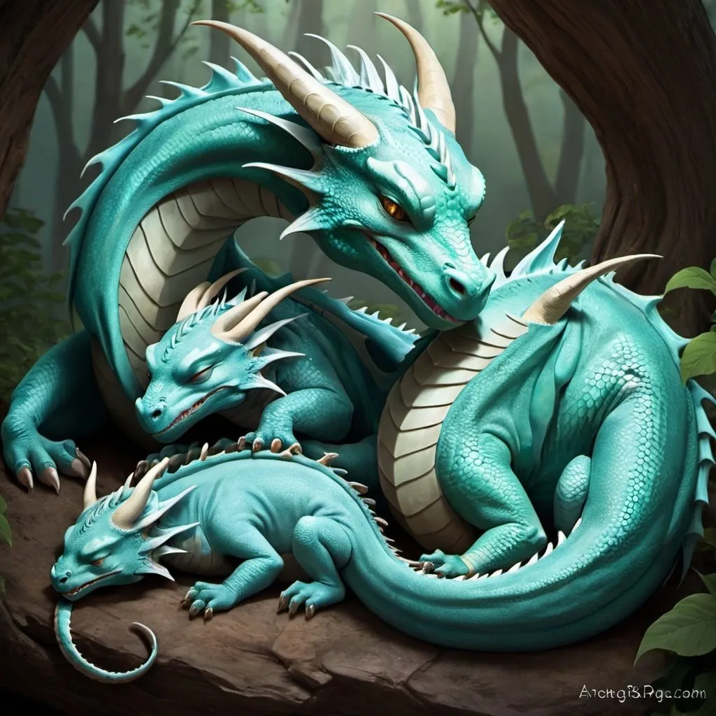 Prompt: Draw a sleeping mother dragon with two young dragons playing 
