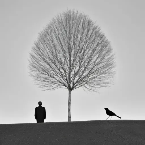 Prompt: a man, a bird and a tree