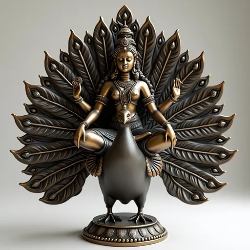 Prompt: 3D-rendered bronze statue of a Hindu goddess, inspired by Kamakshi Vilakku, seated serenely on a majestic peacock. The peacock is facing forward with its feathers fully fanned out in a semi-circular array behind the goddess, each feather intricately sculpted with detailed eye patterns. The goddess has a soft, serene expression, with a calm and divine aura. She is adorned in traditional South Indian jewelry—necklaces, bangles, earrings, and a temple-style crown. Her attire consists of a detailed draped saree with ornamental borders, flowing naturally in bronze form. She holds symbolic items in her four hands—such as a lotus, a conch, or a lamp—while seated in a yogic or cross-legged posture. The pedestal base beneath the peacock is lotus-shaped and richly engraved. The statue has a smooth, polished antique bronze texture with subtle weathering, giving it a sacred and timeless appearance, set against a neutral background with soft lighting that highlights the intricate detailing and metallic reflections.