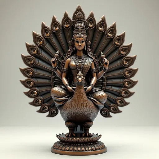 Prompt: 3D-rendered bronze statue of a Hindu goddess, inspired by Kamakshi Vilakku, seated serenely on a majestic peacock. The peacock is facing forward with its feathers fully fanned out in a semi-circular array behind the goddess, each feather intricately sculpted with detailed eye patterns. The goddess has a soft, serene expression, with a calm and divine aura. She is adorned in traditional South Indian jewelry—necklaces, bangles, earrings, and a temple-style crown. Her attire consists of a detailed draped saree with ornamental borders, flowing naturally in bronze form. She holds symbolic items in her four hands—such as a lotus, a conch, or a lamp—while seated in a yogic or cross-legged posture. The pedestal base beneath the peacock is lotus-shaped and richly engraved. The statue has a smooth, polished antique bronze texture with subtle weathering, giving it a sacred and timeless appearance, set against a neutral background with soft lighting that highlights the intricate detailing and metallic reflections.