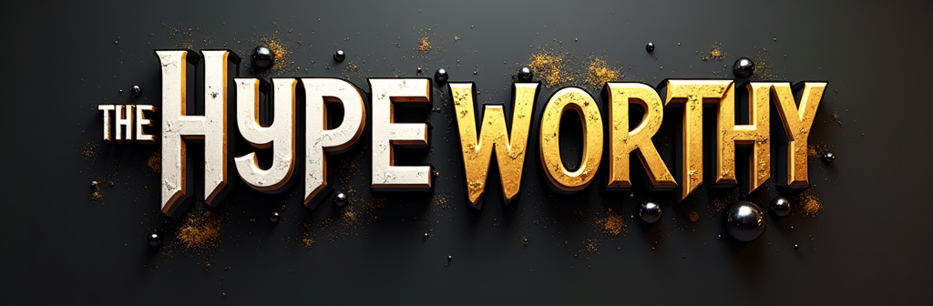 Prompt: Create me a banner logo for my new youtube channel called The Hype Worthy. Make it realistic 3D font with black, gold and white letters. incorporate things that have to do with filming and reacting to videos
