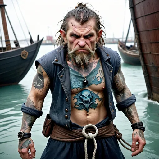 Prompt: Human sailor with angry look and scar on face in ratty clothing with water elemental tattoo