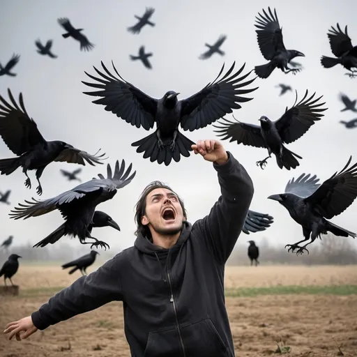 Prompt: crows attack a human and the human is scared