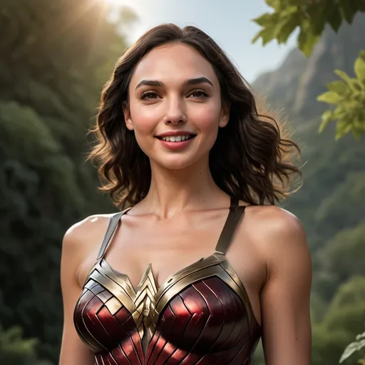 Prompt: Gal gadot, nature, photo realistic, stunning full body photo of a smiling looking up at the viewer, red body, outside in sunny, detailed beautiful face, looking at viewer, real skin texture, atmospheric, photorealistic, High resolution, 8k, HDR, canon 5d mark III, Canon EF 85mm f/1.2L II USM lens