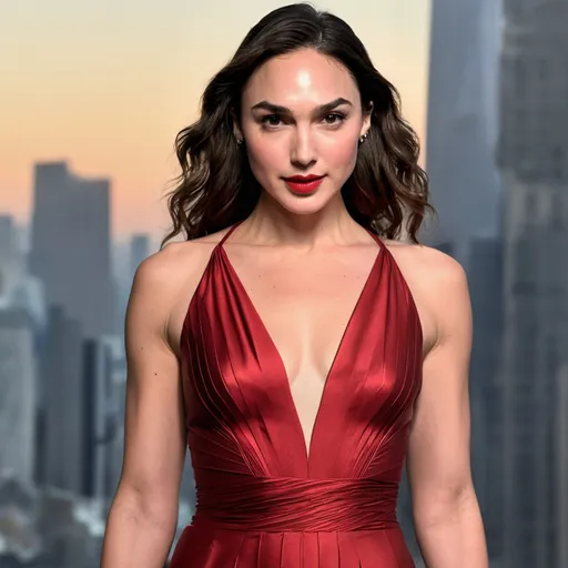 Prompt: Ultra realistic gal gadot in a slim red dress, with a eyes makeup, wet messy hair, tanned skin, exposed intimacy, sensual look, full body image, dim light, at rainy night, wet skin, wet cloth, in new york