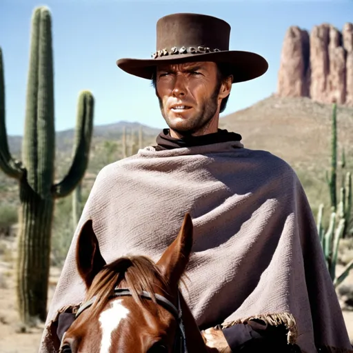 Prompt: clint eastwood in the movie good bad ugly, on a horse, poncho, cigarette in his mouth, charismatic look,on a horse, horse brown, cacti in the background, poncho brown