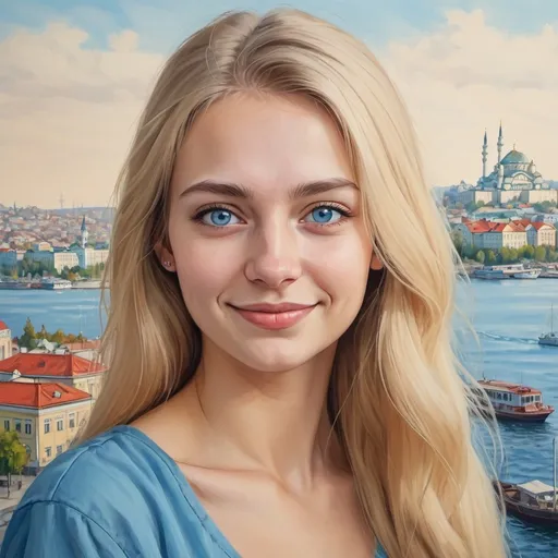 Prompt: Draw a portrait of a 25 years old Russian woman with long blonde hair and blue eyes. She should be smiling and looking at the viewer. The background should be a cityscape of Istanbul