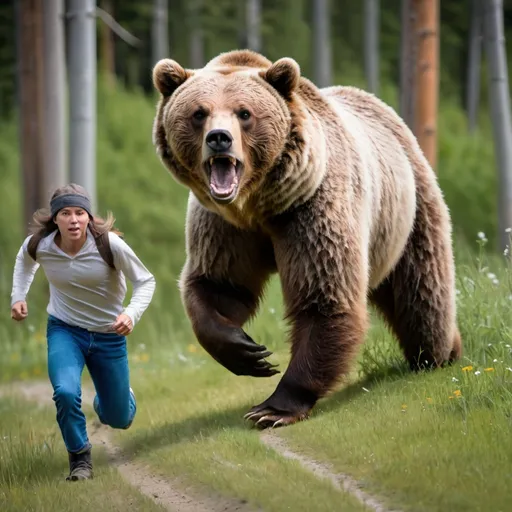 Prompt: a grizzly bear chasing a human, human in front and bear behind