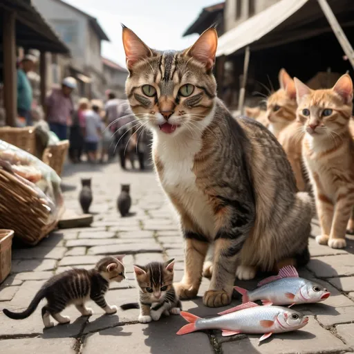 Prompt: A cat with a fish in its mouth, still fluttering, takes it on foot to its kittens. This is a marketplace and some people are looking at the cat.