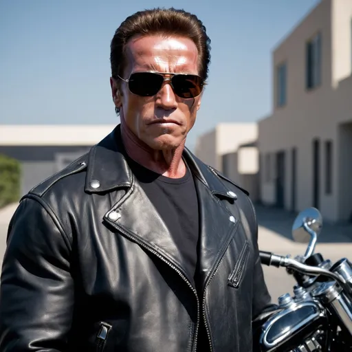 Prompt: arnold schwarzenegger terminator 1, leather jacket, angry face, real photography, 30 years, sunglass