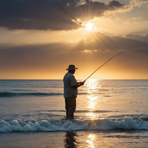 Prompt: Photo taken at the ocean. The scene is showing a man fishing in the water. The man is standing in the water with his rods held out in front of him. In the background, the ocean's horizon shows a spectacular view of the sun setting behind the horizon, shedding its golden rays across the sea. The man has his back to the camera and he is focusing on the fishing. The lighting is bright and dramatic, emphasizing the stunning scene and adding a sense of depth to the image. The colors of the sky and the water are contrasting beautifully, creating a surreal and mesmerizing atmosphere.