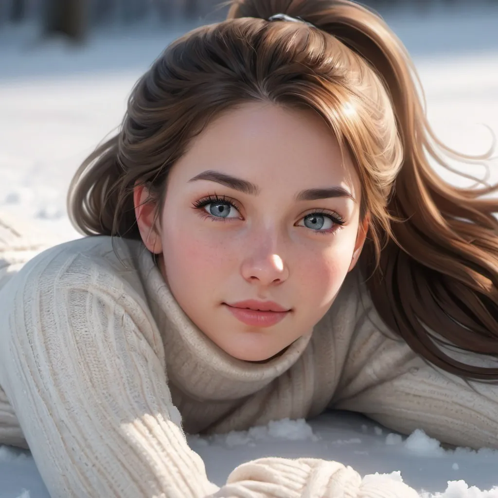 Prompt: Photograph of a beautiful girl lying down on top of the snow. The girl is wearing a simple white sweater and dark pants, with her hair pulled up in a ponytail. Her eyes are closed and she has a cute and innocent expression on her face. The snow underneath her is fresh and white, reflecting the light and creating a bright and cheerful atmosphere. The girl is truly charming . Artgerm, Artstation, full body view, cinematic and smooth