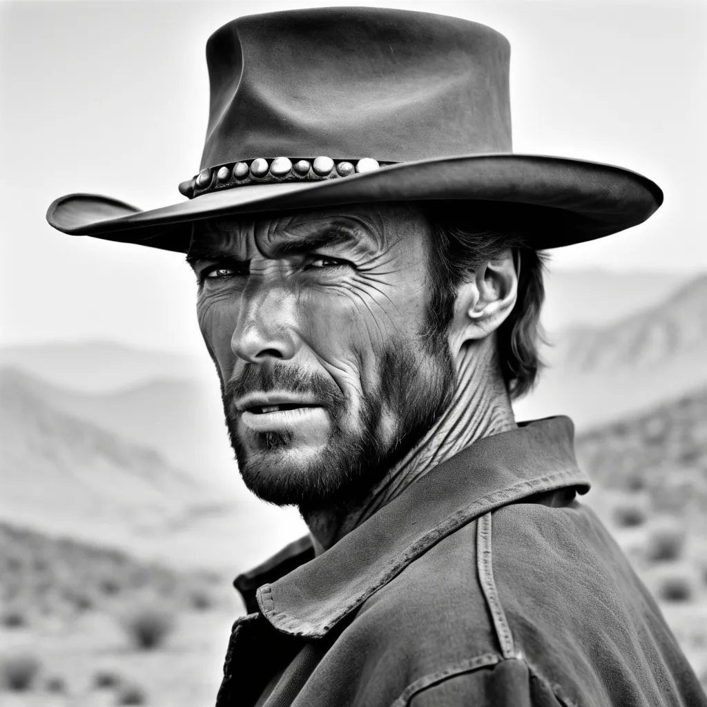 Prompt: Generate a drawing of Clint Eastwood with a cigarette in his mouth."
"Include a poncho in the drawing reminiscent of 'The Good, the Bad and the Ugly'."
"Ensure he has a light stubble on his face."
"Place a hat on Clint Eastwood's head in the drawing."
"Depict him on a horse, capturing a moment similar to the iconic scenes in 'The Good, the Bad and the Ugly'."
"Emphasize the atmosphere of the Wild West in the background."
"Capture the confident and charismatic demeanor of Clint Eastwood in this scene."
"Use bold strokes to convey the rugged and iconic look of the character."