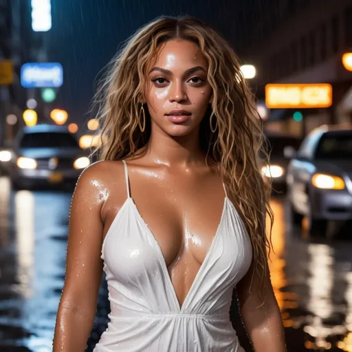 Prompt: Ultra realistic beyonce in a slim white dress, with a eyes makeup, wet messy hair, tanned skin, exposed intimacy, sensual look, full body image, dim light, at rainy night, wet skin, wet cloth, in new york