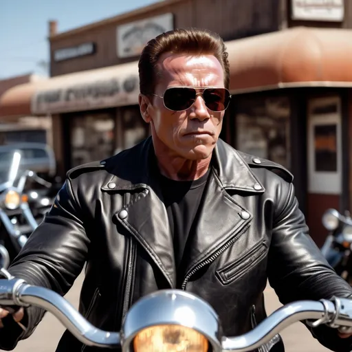 Prompt: arnold schwarzenegger terminator 2, leather jacket, angry face, real photography, 40 years, sunglass, 8k,harley davidson on motorcycle, in the background is a retro bar in America.