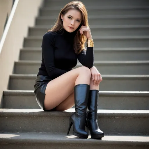 Prompt: Generate an image of a confident and attractive woman sitting on a staircase."
"Include stockings with garters in her attire for a classic and stylish look."
"Ensure her makeup is natural, enhancing her beauty without being overly dramatic."
"Place her in a street scene background, as if she's posing for a photographer."
"Capture the essence of her confidence and attractiveness in the pose."
"Add subtle details to emphasize her unique charm."
"Ensure the depiction is tasteful and respectful." a leather mini skirt,just an elegant gold bracelet on her right arm, he has a long boot