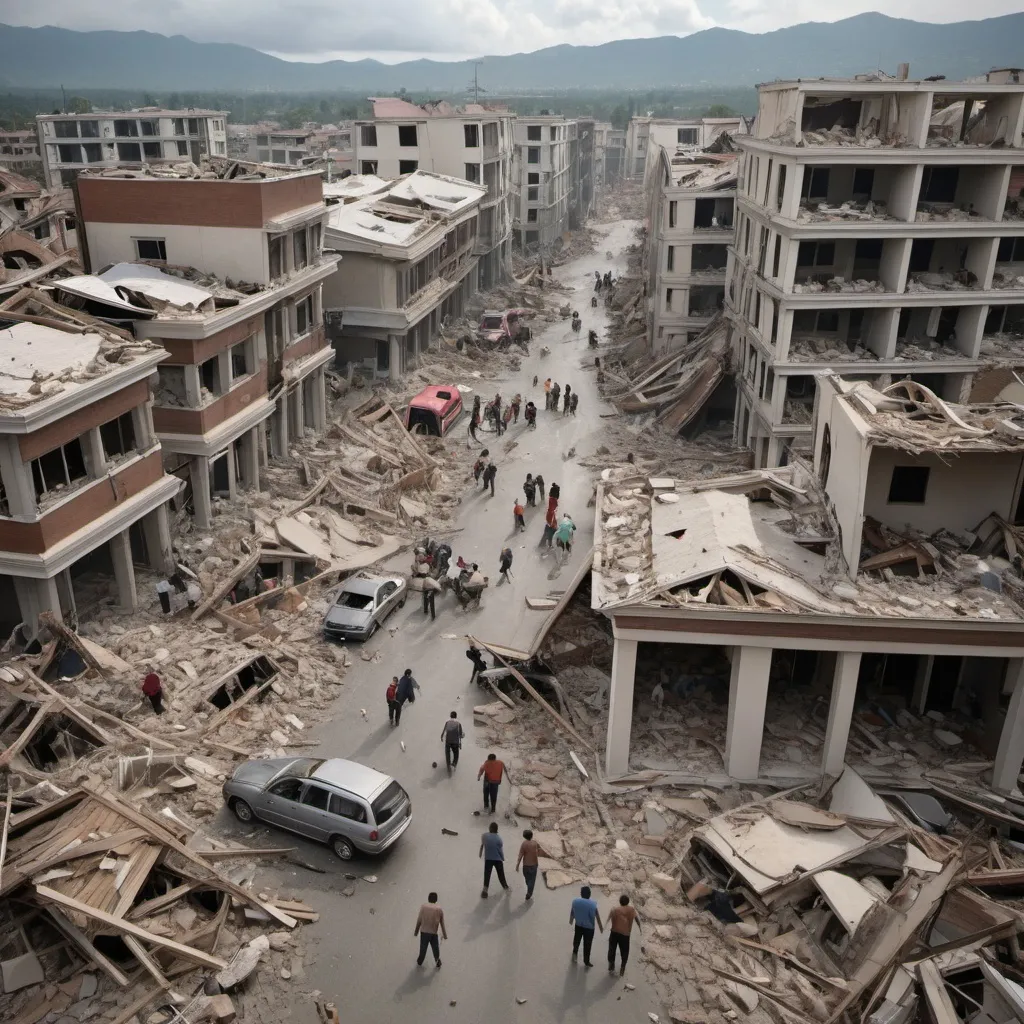 Prompt: Ultra-realistic photograph of a town affected by an earthquake. The image shows the devastation caused by the earthquake, with buildings in ruins and people in a state of panic and shock. The scene is filled with chaos, with debris and rubble strewn all over the place. The buildings are destroyed and in ruins, with some of them completely collapsed. People are trying to escape the devastation, with some looking for loved ones, while others are rushing outside to help the survivors. The images shows a grim and sobering reality of natural disasters