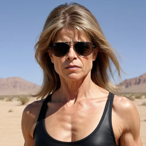 Prompt: linda hamilton, sportive body, black sunglass, hard look, ultra realistic, desert background