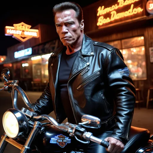 Prompt: arnold schwarzenegger terminator 2, leather jacket, angry face, real photography, 20 years, 8k,harley davidson on motorcycle, in the background is a retro bar in America,black leather pants, night, darkness, 