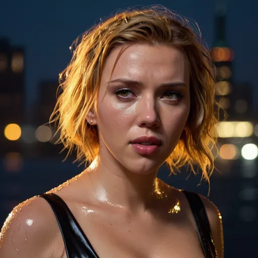 Prompt: Ultra realistic Scarlett Johansson in a slim black dress, with a eyes makeup,  yellow wet messy hair, tanned skin, exposed intimacy, crying look, full body image, dim light, at rainy night, wet skin, wet cloth, in new york