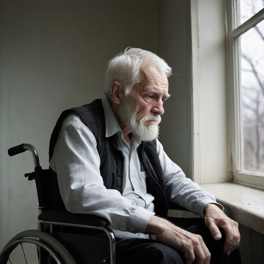 Prompt: Photograph of an elderly man sitting in a wheelchair. The man has white beards and he is looking out the window. He looks sad and depressed, with a brooding and melancholy expression on his face. His entire body is hunched over in the wheelchair and his gaze is fixed on the outside world. The room is dimly lit and it has a sad and desolate feel to it. The man is isolated from the outside world and his white hair and frail physique add to the sense of vulnerability. The image has a surreal and somber feel to it, conveying a sense of loneliness and alienation.