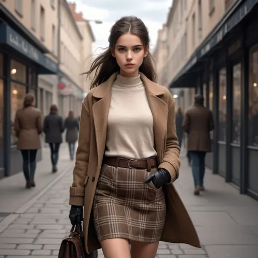 Prompt: Realistic photo, ultra realistic, 4k,8k, of a tall and slim girl walking down the street wearing a mini-brown skirt. The girl has her hands hidden in the pockets of the plaid coat that she is wearing, and she is wearing long-dark-colored booths gloves. The girl is carrying a small handbag, and she has her long dark hair tied up in a ponytail. The girl's face has a delicate and angelic look to it, with her dark eyes and gentle expression adding to the overall peaceful aura of the sketch. The lighting is mild and the shadows are subtle, creating a gentle feeling.