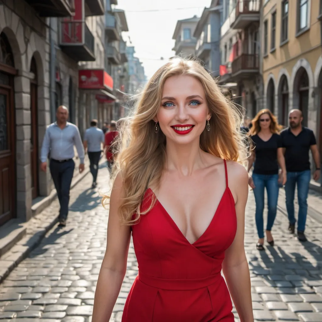 Prompt: A  Russian woman with long blonde hair and blue eyes is walking down a cobblestone street in Istanbul. She is wearing a fashionable red dress and high heels. Her hair is styled in loose waves and she is wearing red lipstick and smoky eye makeup. She is carrying a small black handbag. The sun is shining and there are a few people walking in the background. She is smiling and looking at the camera