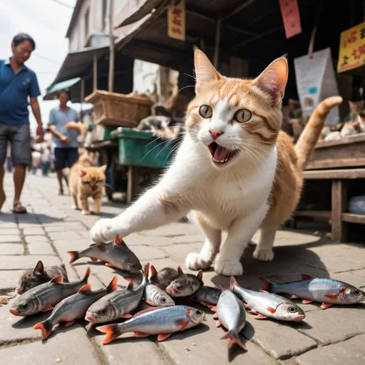 Prompt: A cat with a fish in its mouth, still fluttering, takes it on foot to its kittens. This is a marketplace and some people are looking at the cat.