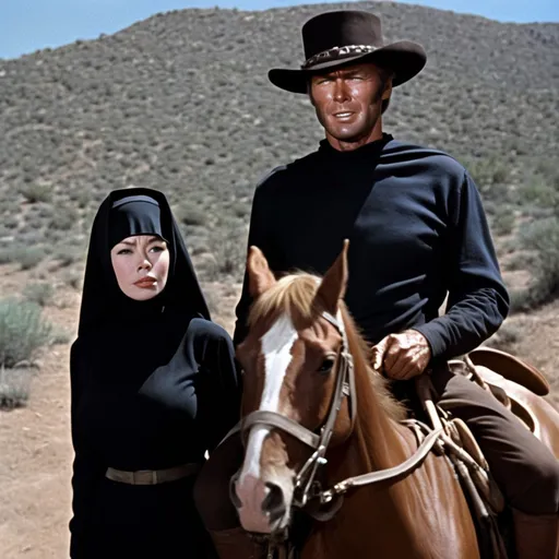 Prompt: Hogan and Sara in Clint Eastwood's "El Torida". Hogan on a horse and Sara in a black nun's habit. Hogan with light beard and cowboy hat and stubble hogan should look like clint eastwood and sara should look like shirley maclaine clint eastwood wear pancho