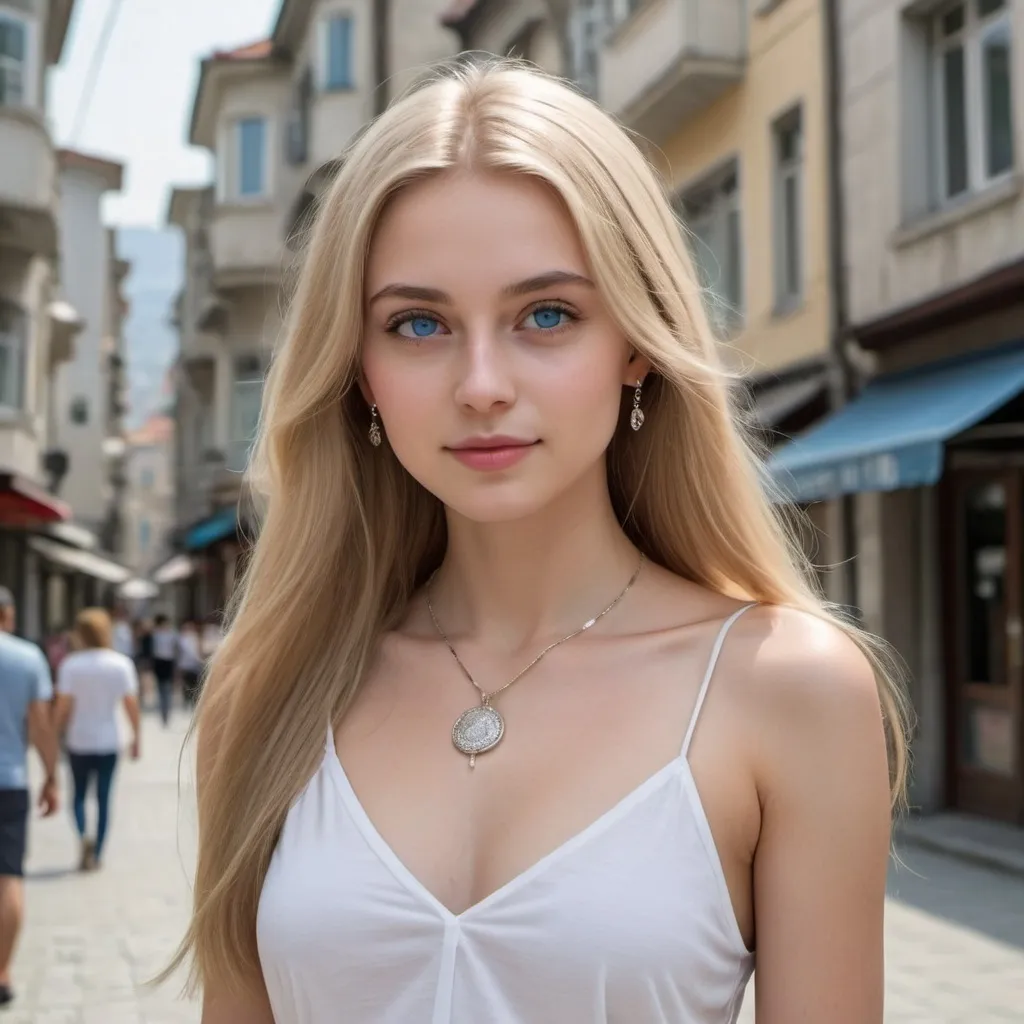 Prompt: 25-year-old woman, straight long blonde hair, long to waist, blue eyes, round and a little oval face, weight 55kg, slim body, white skin. accessories girl necklace with simple necklace, engagement ring, would be expressive, with sensuality, full body photo, outdoors, in istanbul