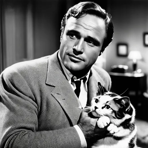 Prompt: godfather movies marlon brando and cat