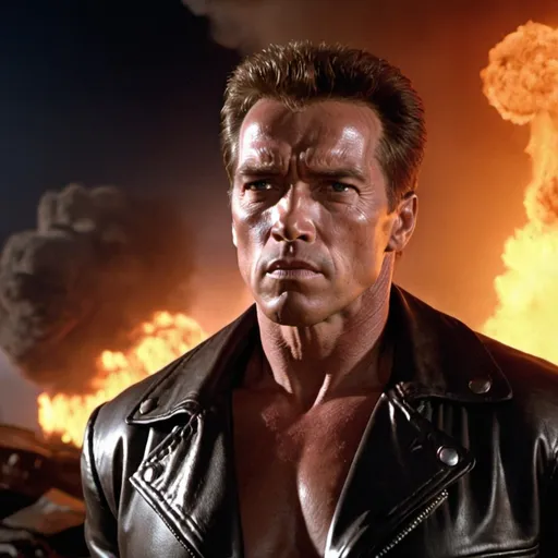 Prompt: A screengrab from the iconic Terminator 1 movie starring Arnold Schwarzenegger. The scene shows the Terminator standing in front of a fiery explosion with his back to the camera. The shot is taken from an angle above and it's showing the Terminator's powerful and intimidating presence. His face is expressionless . The background is dark and moody, with flames and smoke rising from the debris, adding to the dramatic effect. The lighting is sharp and it's giving the Terminator's physique an even more formidable and imposing look. 