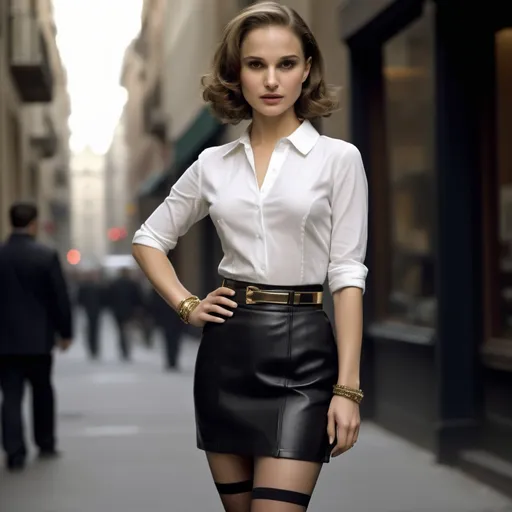 Prompt: Ultra realistic Natalie Portman "Include stockings with garters in her attire for a classic and stylish look."
"Ensure her makeup is natural, enhancing her beauty without being overly dramatic."
"Place her in a street scene background, as if she's posing for a photographer."
"Capture the essence of her confidence and attractiveness in the pose."
"Add subtle details to emphasize her unique charm."
"Ensure the depiction is tasteful and respectful." a leather mini skirt,just an elegant gold bracelet on her right arm,