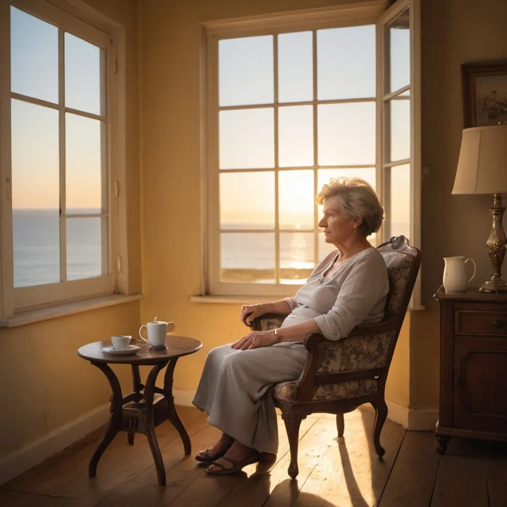 Prompt: Photograph taken with a Canon 5d Mark 3, showing a 60 years old woman sitting an antique armchair with her coffee in hand. The scene is set in a quaint and peaceful location, with a scenic view of the sea behind her. The woman is looking out the window as the shadows of evening fall over the landscape. The sun is setting in the background and the light is creating a golden glow on the scene. The woman has a tranquil and relaxed expression, and is seeming enjoying the moment. The image has a gentle and serene feel to it, with the warmth of the golden hour adding to the