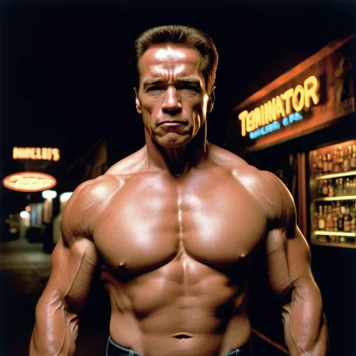 Prompt: arnold schwarzenegger terminator 2, nothing on him, his pecs are visible,  his muscular and imposing body from the 90s. angry face, real photography, 20 years, 8k,  in the background is a retro bar in America, night, darkness, the photo should only show the top of her waist, not show his pants,no pants, clothes, accessories below the waist