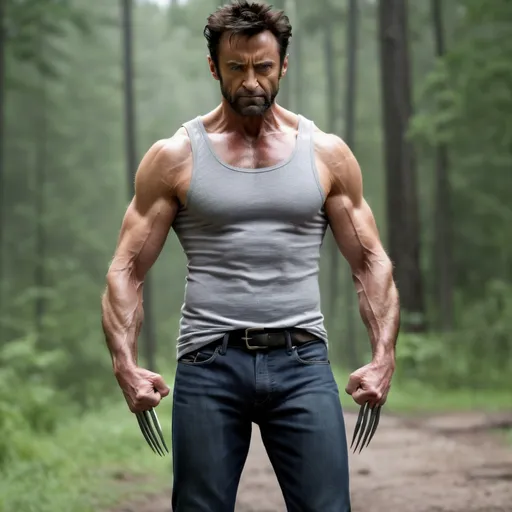 Prompt: wolverine metal claws, wolverine looks like hugh jackman,full-length photo, gray tank top, jeans, claws out,forrest background, cloudy weather,wolverine hairstyle,claw, clench his fists, 