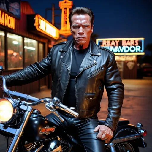 Prompt: arnold schwarzenegger terminator 2, leather jacket, angry face, real photography, 40 years, 8k,harley davidson on motorcycle, in the background is a retro bar in America,black leather pants, night, darkness, 