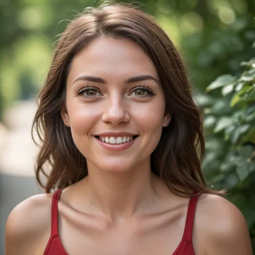 Prompt: nature, photo realistic, stunning full body photo of a smiling beautiful woman with brown hair, looking up at the viewer, red body, outside in sunny, detailed beautiful face, looking at viewer, real skin texture, atmospheric, photorealistic, High resolution, 8k, HDR, canon 5d mark III, Canon EF 85mm f/1.2L II USM lens