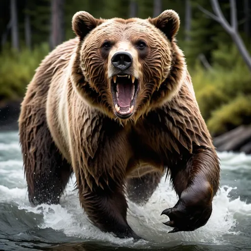 Prompt: Ultra-realistic photograph of a grizzly bear chasing after a human being in a wilderness. The bear has its teeth bared, and its eyes locked on the target. The bear has its arms outstretched, with its eyes filled with anger and rage. The human is running for his life, trying to escape the relentless pursuit of the grizzly bear. The image is very dramatic and scary, with the two participants locked in a fight for survival. The colors are dark and vivid, adding to the intensity of the scene.