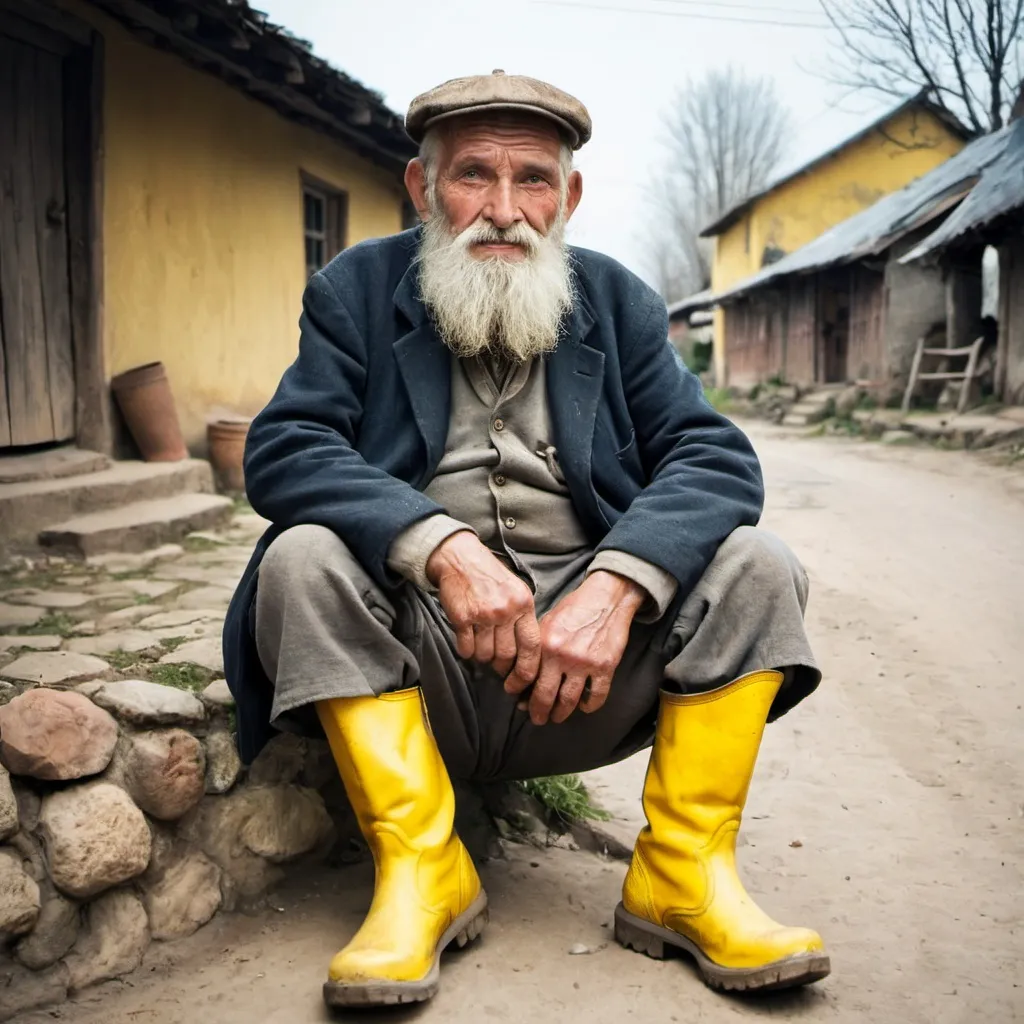 Prompt: A bearded old man with yellow boots living in the village.