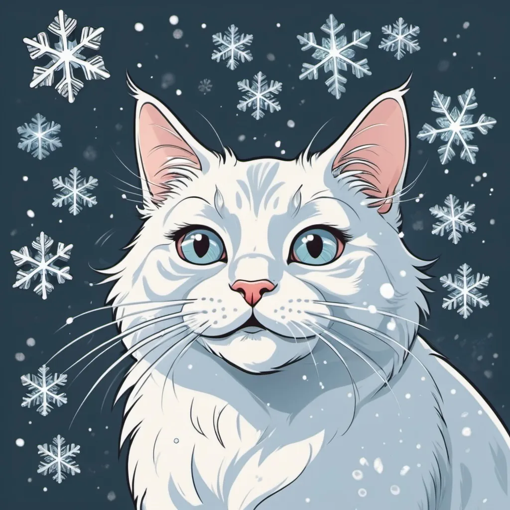 Prompt: snowflakes fall on the cat's face, old cartoon drawing style