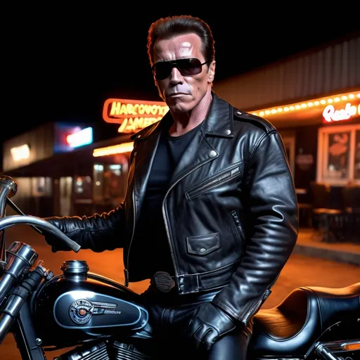 Prompt: arnold schwarzenegger terminator 2, leather jacket, angry face, real photography, 40 years, sunglass, 8k,harley davidson on motorcycle, in the background is a retro bar in America,black leather pants, night, darkness, black leather gloves