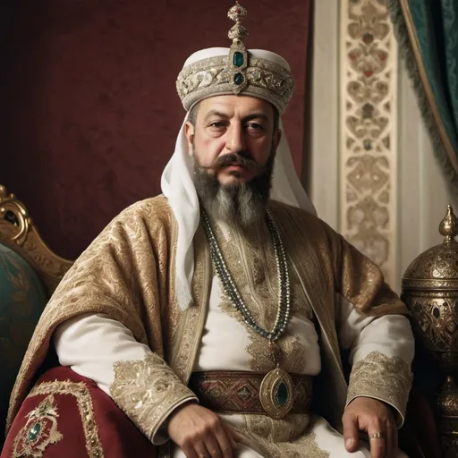 Prompt: Photograph of an Ottoman Sultan, sitting in his palace. The Sultan has long and distinctive facial hair, with his beard and mustache covering most of his face. The Sultan is adorned in a regal and majestic garb, complete with a ceremonial headpiece. The scene is bathed in a rich and opulent setting, with elaborate decorations and ornamental pieces. The Sultan's imposing presence is further reinforced by the atmosphere of the palace, with its grand architecture and lavish ornaments. The lighting is soft and it's accentuating the Sultan's dignified and noble aura. Realistic rendering.