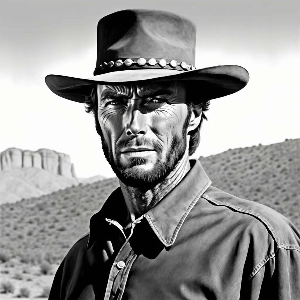 Prompt: Generate a drawing of Clint Eastwood with a cigarette in his mouth."
"Include a poncho in the drawing reminiscent of 'The Good, the Bad and the Ugly'."
"Ensure he has a light stubble on his face."
"Place a hat on Clint Eastwood's head in the drawing."
"Depict him on a horse, capturing a moment similar to the iconic scenes in 'The Good, the Bad and the Ugly'."
"Emphasize the atmosphere of the Wild West in the background."
"Capture the confident and charismatic demeanor of Clint Eastwood in this scene."
"Use bold strokes to convey the rugged and iconic look of the character."