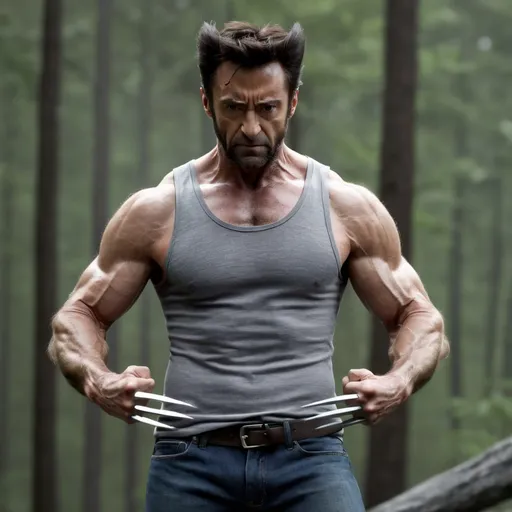 Prompt: wolverine metal claws, wolverine looks like hugh jackman,full-length photo, gray tank top, jeans, claws out,forrest background, cloudy weather,wolverine hairstyle,claw, clench his fists, 8k, full detail