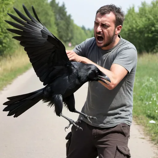 Prompt: a crow attack human