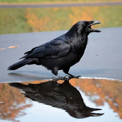 Prompt: a crow reflected in the photograph as if it were laughing