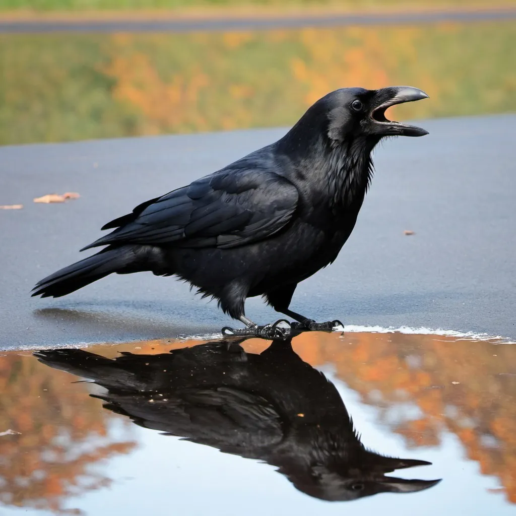 Prompt: a crow reflected in the photograph as if it were laughing
