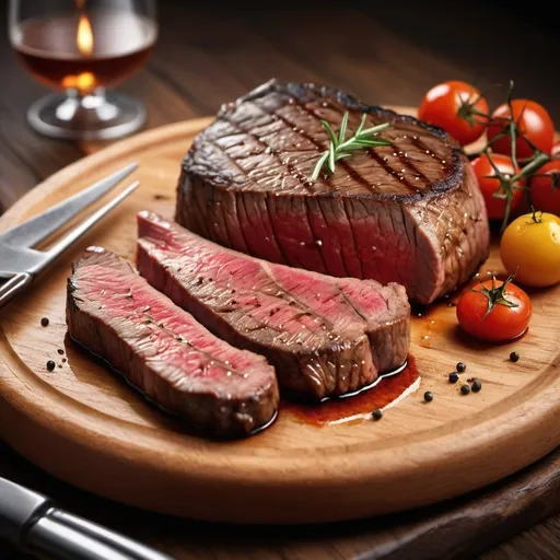 Prompt: Ultra-realistic photograph of a juicy steak. The steak is served on a wooden plate and it's cooked to perfection, with the colors of the meat radiating a delicious and appetizing scent. The beef is cooked to medium rare, with its juices running down the edge of the steak. Along with it, there are also some utensils and cutlery placed to the side, further enhancing the image of a restaurant dining experience. The image has a warm and inviting atmosphere, with the lighting adding to the mood of the scene. The photo looks quite appetizing and delicious